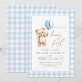 Invitation Blue Gingham Teddy Bear Balloon Boy 1st Birthday (Devant / Derrière)