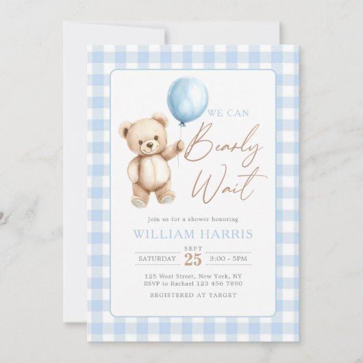 Invitation Blue Gingham Teddy Bear Balloon Boy Baby Shower (Devant)