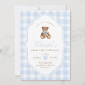 Invitation Blue Gingham Teddy Bear Beary First Birthday (Devant)
