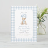 Invitation Blue Gingham Teddy Bear Beary First Birthday (Debout devant)