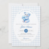 Invitation Blue Gingham Teddy Bear Neutral Baby Shower (Devant)