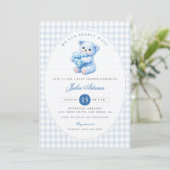 Invitation Blue Gingham Teddy Bear Neutral Baby Shower (Debout devant)