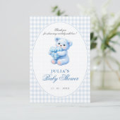 Invitation Blue Gingham Teddy Bear Neutral Baby Shower (Debout devant)