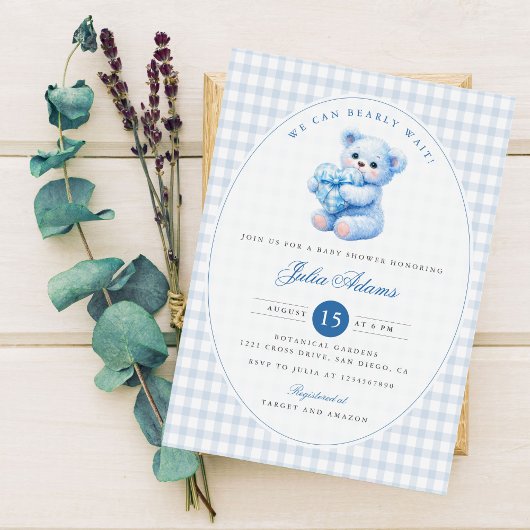 Invitation Blue Gingham Teddy Bear Neutral Baby Shower