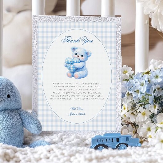 Invitation Blue Gingham Teddy Bear Neutral Baby Shower