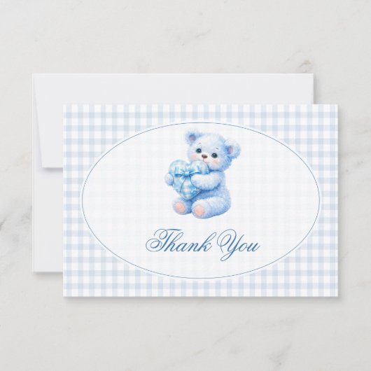 Invitation Blue Gingham Teddy Bear Neutral Baby Shower (Devant)