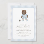 Invitation Blue Gingham Teddy Bear Soccer First Kick (Devant)