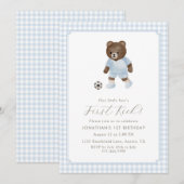 Invitation Blue Gingham Teddy Bear Soccer First Kick (Devant / Derrière)