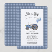 Invitation Blue Gingham Tractor Balloon Baby Shower  (Devant / Derrière)