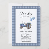 Invitation Blue Gingham Tractor Balloon Baby Shower  (Devant)