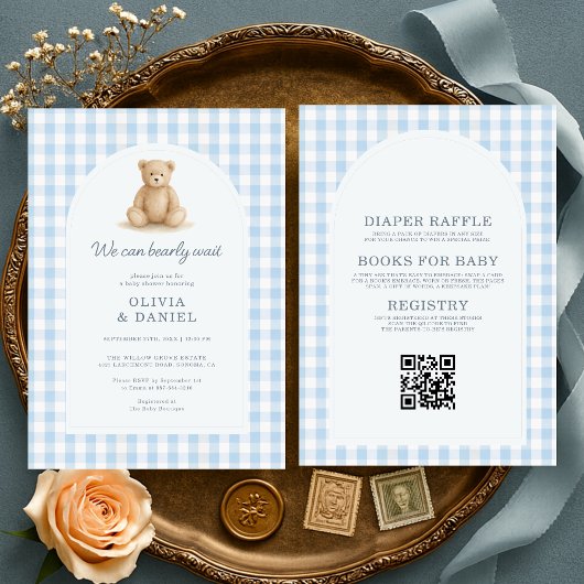 Invitation Blue Gingham We Can Bearly Wait All in One