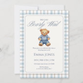Invitation Blue Gingham We Can Bearly Wait baby shower (Devant)