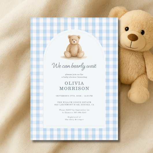 Invitation Blue Gingham We Can Bearly Wait Baby Shower