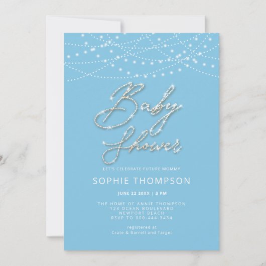 Invitation Blue Glam Calligraphie Rustic Light Boy Baby showe (Devant)