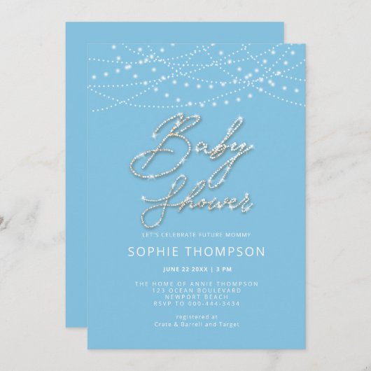 Invitation Blue Glam Calligraphie Rustic Light Boy Baby showe (Devant / Derrière)