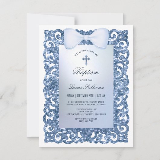 Invitation Blue Glitter Frame Bow Baptism (Devant)