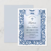 Invitation Blue Glitter Frame Bow Baptism (Devant / Derrière)