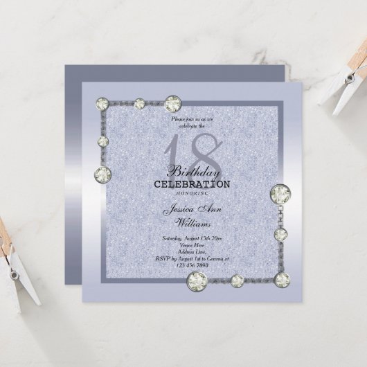 Invitation Blue Glitters et Diamond Decoration Birthday (Devant/Arrière en situation)