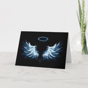 Invitation Blue Glowing Angel Wings on black background