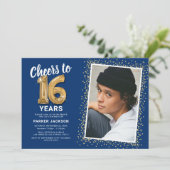 Invitation Blue Gold 16e anniversaire Photo (Debout devant)