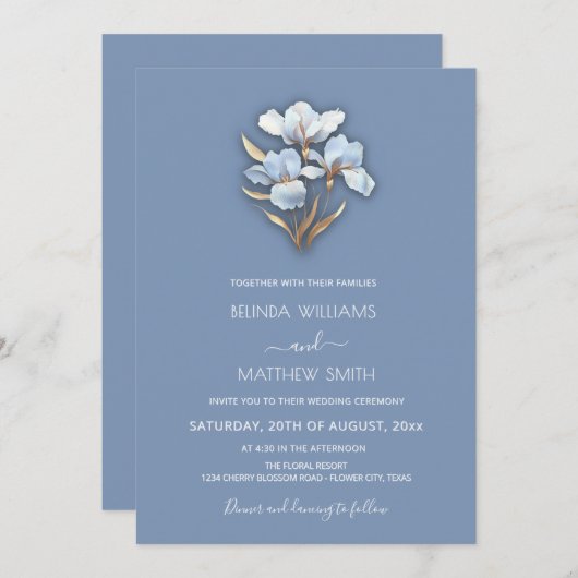 Invitation Blue Gold 3D Flowers (Devant / Derrière)