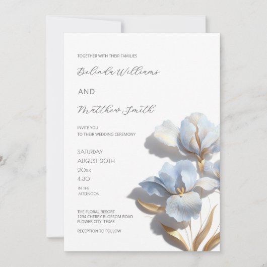 Invitation Blue Gold 3D Flowers White (Devant)