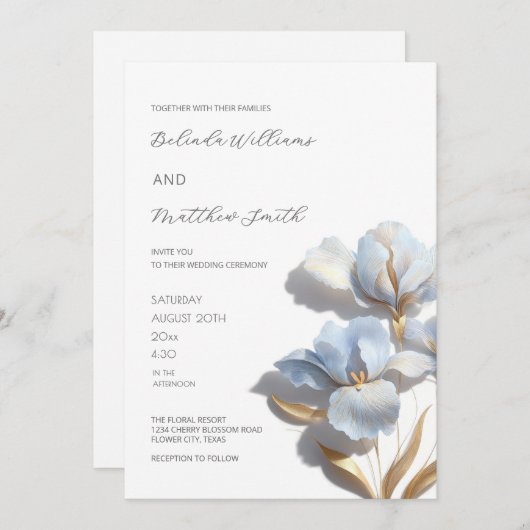 Invitation Blue Gold 3D Flowers White (Devant / Derrière)