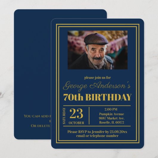 Invitation Blue Gold 70e fête d'anniversaire (Devant / Derrière)