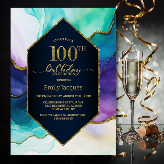 Invitation Blue Gold Agate 100e fête d'anniversaire