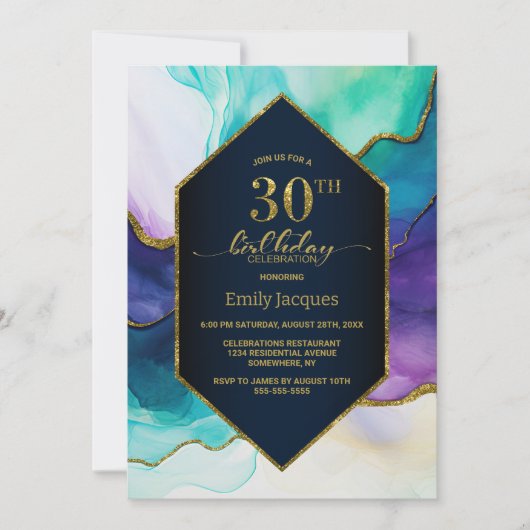 Invitation Blue Gold Agate 30e fête d'anniversaire (Devant)