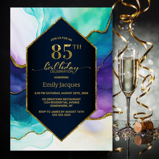 Invitation Blue Gold Agate 85e fête d'anniversaire