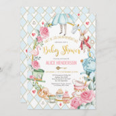 Invitation Blue Gold Alice dans Wonderland Baby shower Tea (Devant / Derrière)