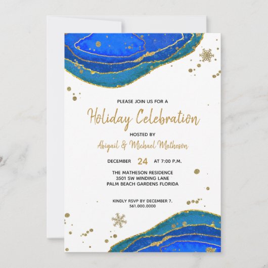 Invitation Blue Gold Aquarelle Géode Agate Hanoukka Holiday (Devant)