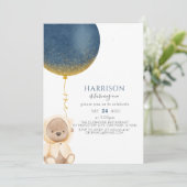 Invitation Blue Gold Balloon Teddy Bear Baby Boy 1er annivers (Debout devant)