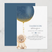 Invitation Blue Gold Balloon Teddy Bear Baby Boy 1er annivers (Devant / Derrière)