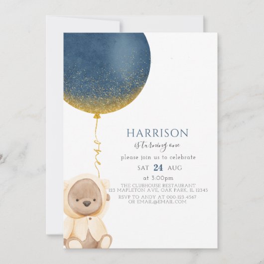 Invitation Blue Gold Balloon Teddy Bear Baby Boy 1er annivers (Devant)