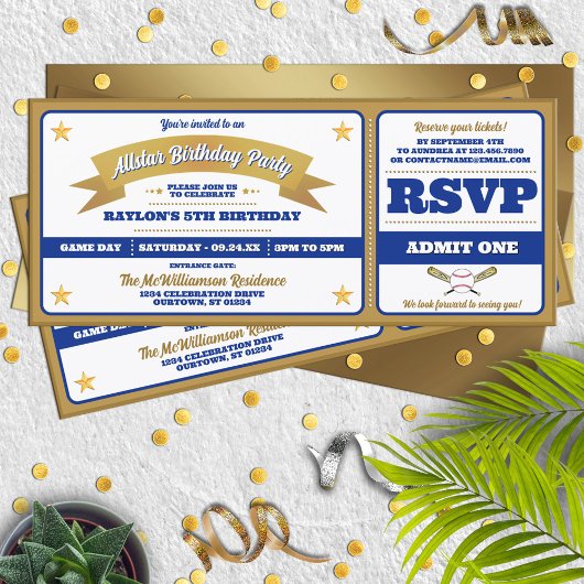 Invitation Blue & Gold Baseball Allstar Ticket Birthday