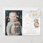 Invitation Blue Gold Bear Hot Air Balloy Boy 1er anniversaire (Devant)