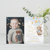 Invitation Blue Gold Bear Hot Air Balloy Boy 1er anniversaire (Debout devant)