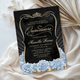 Invitation Blue Gold Black Quinceañera