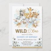 Invitation Blue Gold Boho Safari Animaux sauvages Un Annivers (Devant)