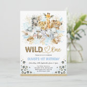 Invitation Blue Gold Boho Safari Animaux sauvages Un Annivers (Debout devant)