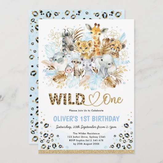 Invitation Blue Gold Boho Safari Animaux sauvages Un Annivers (Devant / Derrière)
