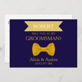 Invitation Blue & Gold Bow Serez-vous mon Groomsman? (Devant / Derrière)