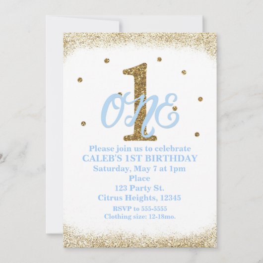 Invitation Blue & Gold Boys ONE 1ère fête d'anniversaire (Devant)