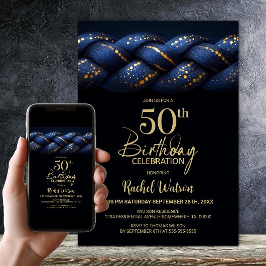 Invitation Blue Gold Braid 50e fête d'anniversaire