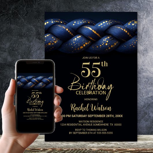 Invitation Blue Gold Braid 55e fête d'anniversaire