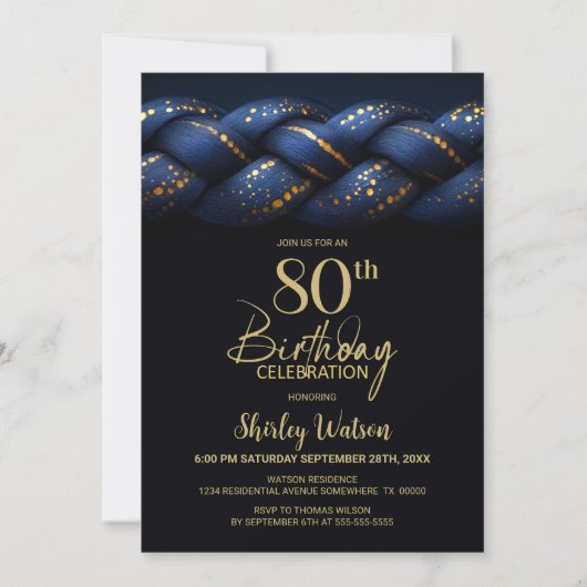 Invitation Blue Gold Braid 80e fête d'anniversaire (Devant)