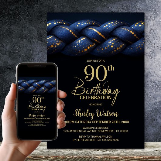 Invitation Blue Gold Braid 90e fête d'anniversaire