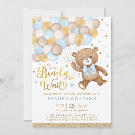 Invitation Blue Gold Brown Teddy Bear Baby shower garçon (Devant)